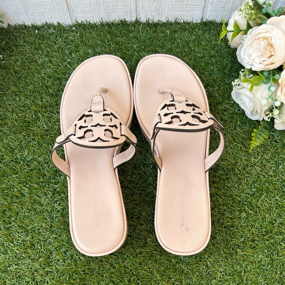 Tory Burch  MILLER WEDGE SANDAL
$275 size 9.5 gently used
Color: Soft Pink - Picture 9 of 16